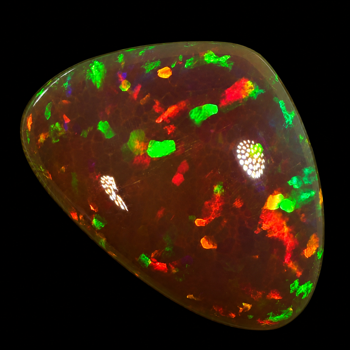 9.99ct AAA quality Natural Ethiopian Welo Opal – Freeform Cabochon – Deep Cherry Red, Neon Green & Fiery Orange Fire – Dark Honeycomb Flash Pattern – AAA Collector Grade