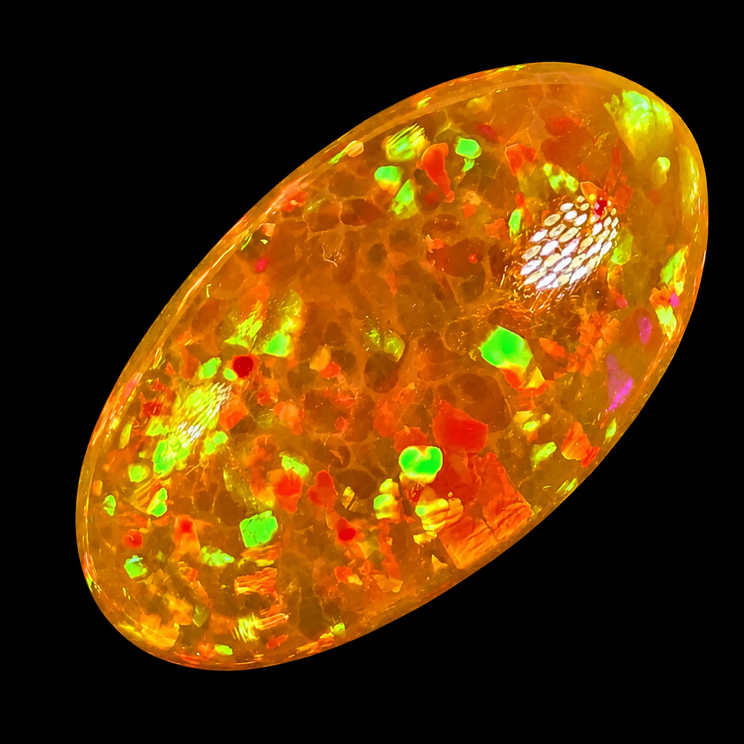12.31ct AAA quality Natural Ethiopian Welo Opal – Oval Cabochon – Neon Green, Fiery Orange & Cherry Red Fire – Honeycomb Confetti Pattern – AAA Collector Grade