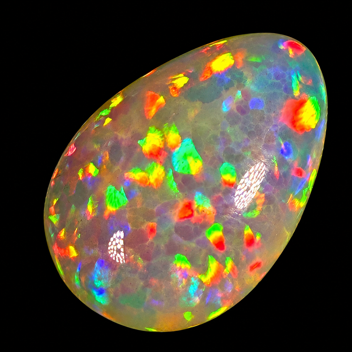 8.5ct AAA quality Natural Ethiopian Welo Opal – Pear Cabochon – Fiery Red, Neon Green & Sunset Orange Fire – Honeycomb Floral Pattern – AAA Collector Grade