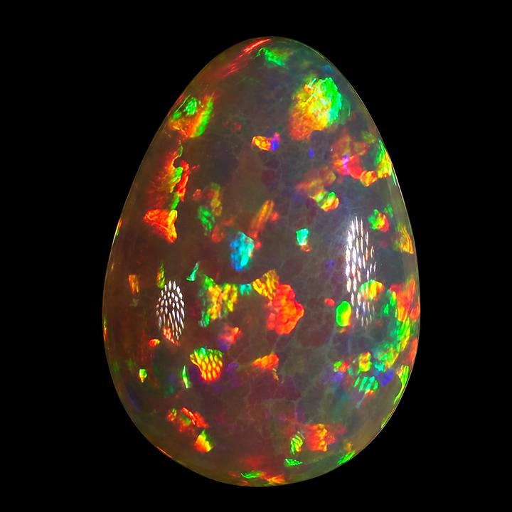 11.95ct AAA quality Natural Ethiopian Welo Opal – Pear Cabochon – Deep Fiery Red, Neon Green & Electric Orange Fire – Honeycomb Confetti Pattern – AAA Collector Grade