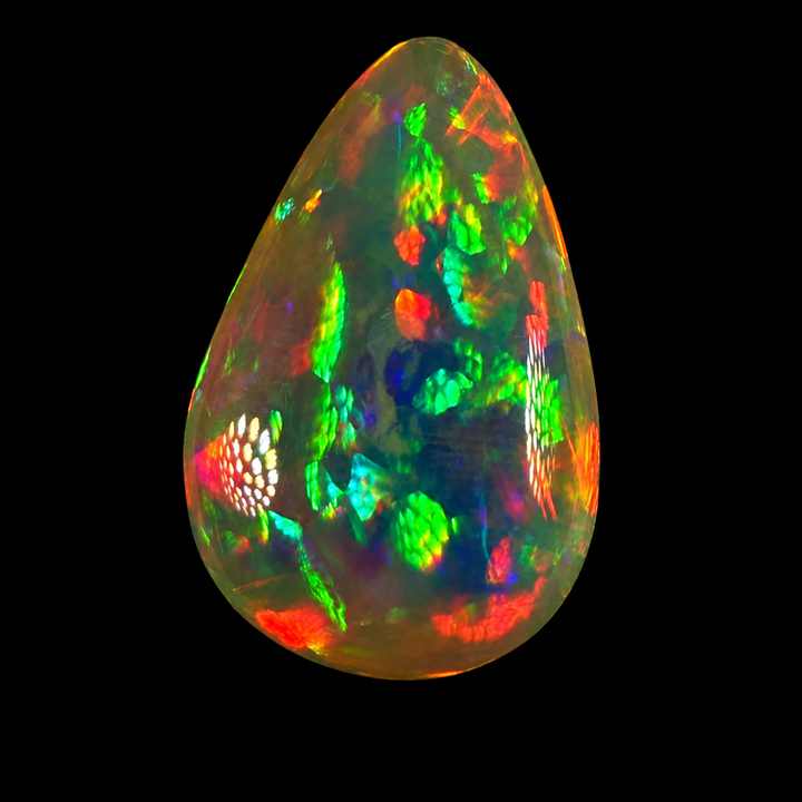 9.88ct AAA quality Natural Ethiopian Welo Opal – Pear Cabochon – Neon Green, Fiery Red & Electric Rainbow Fire – Floral Honeycomb Pattern – AAA Collector Grade