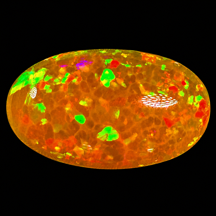 12.31ct AAA quality Natural Ethiopian Welo Opal – Oval Cabochon – Neon Green, Fiery Orange & Cherry Red Fire – Honeycomb Confetti Pattern – AAA Collector Grade