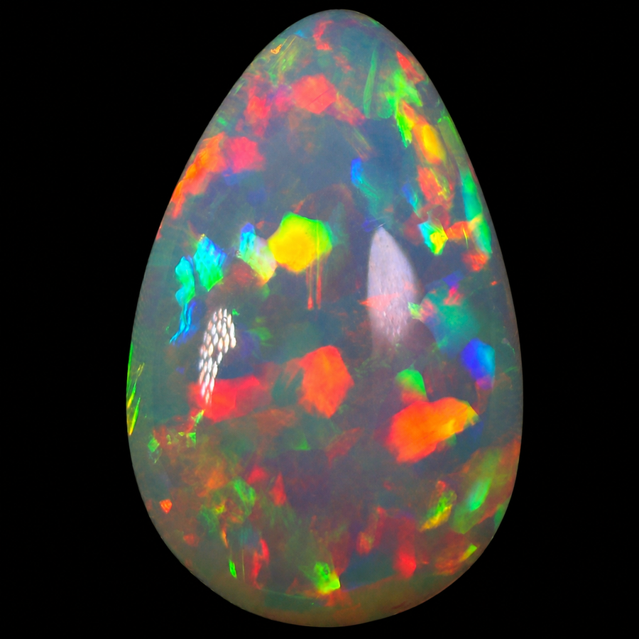 12.37ct AAA quality Natural Ethiopian Welo Opal – Pear Cabochon – Fiery Red, Neon Green & Electric Blue Fire – Mosaic Broadflash Pattern – AAA Collector Grade