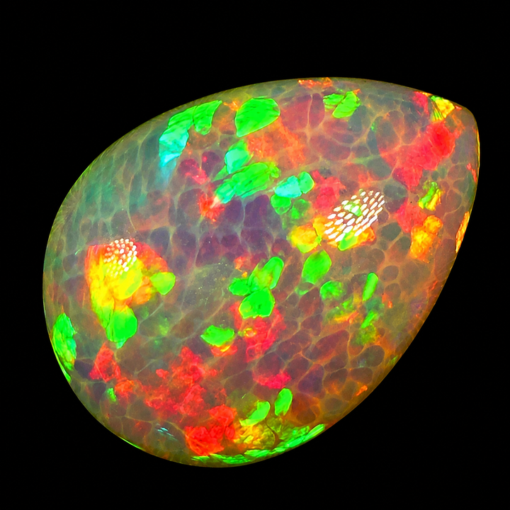 14.57ct AAA quality Natural Ethiopian Welo Opal – Pear Cabochon – Neon Green, Fiery Red & Electric Blue Fire – Honeycomb Cell Pattern – AAA Collector Grade