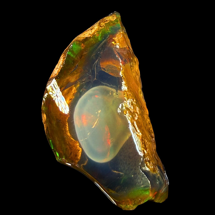 12.50 gr Natural Ethiopian Welo Water Opal – Dominant Honey Crystal, Neon Green & Fiery Red Fire – Raw Water Opal – One-of-a-Kind Collector Grade