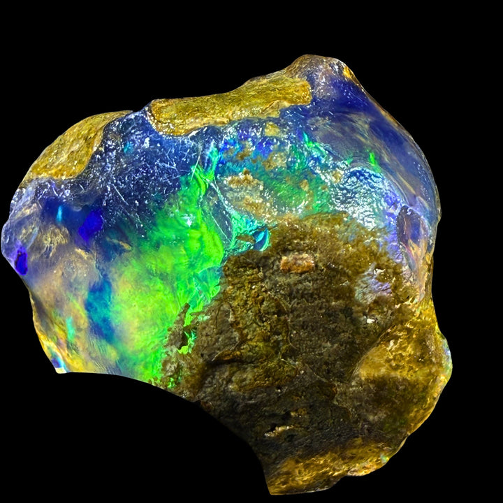 12.35 gr Natural Ethiopian Welo Water Opal – Dominant Neon Green, Electric Blue & Golden Fire – Raw Water Opal – One-of-a-Kind Collector Grade
