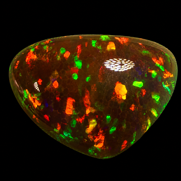 9.99ct AAA quality Natural Ethiopian Welo Opal – Freeform Cabochon – Deep Cherry Red, Neon Green & Fiery Orange Fire – Dark Honeycomb Flash Pattern – AAA Collector Grade
