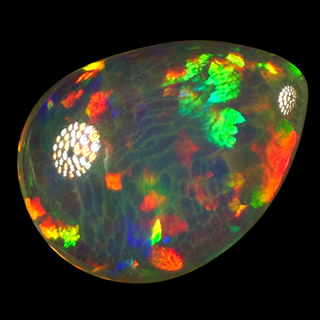 8.39ct AAA quality Natural Ethiopian Welo Opal – Pear Cabochon – Neon Green, Fiery Red & Electric Blue Fire – Broadflash Honeycomb Pattern – AAA Collector Grade