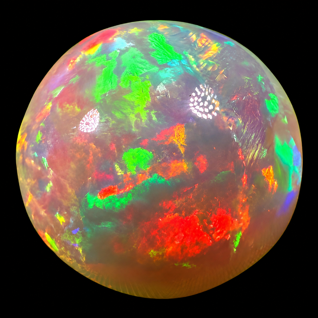 12.19 Ct AAA Quality Natural Ethiopian Welo Opal Sphere / Marble – Dominant Cherry Red, Neon Green & Fiery Orange Fire – Broadflash Floral Pattern – AAA Collector Grade
