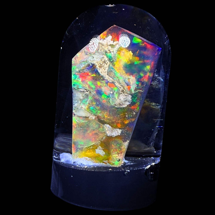 13.21 Gram Natural Ethiopian Welo Crystal Water Opal Specimen – Dominant Neon Green, Fiery Orange & Golden Broadflash Fire – Freeform Floating Crystal Opal – Collector Display Grade