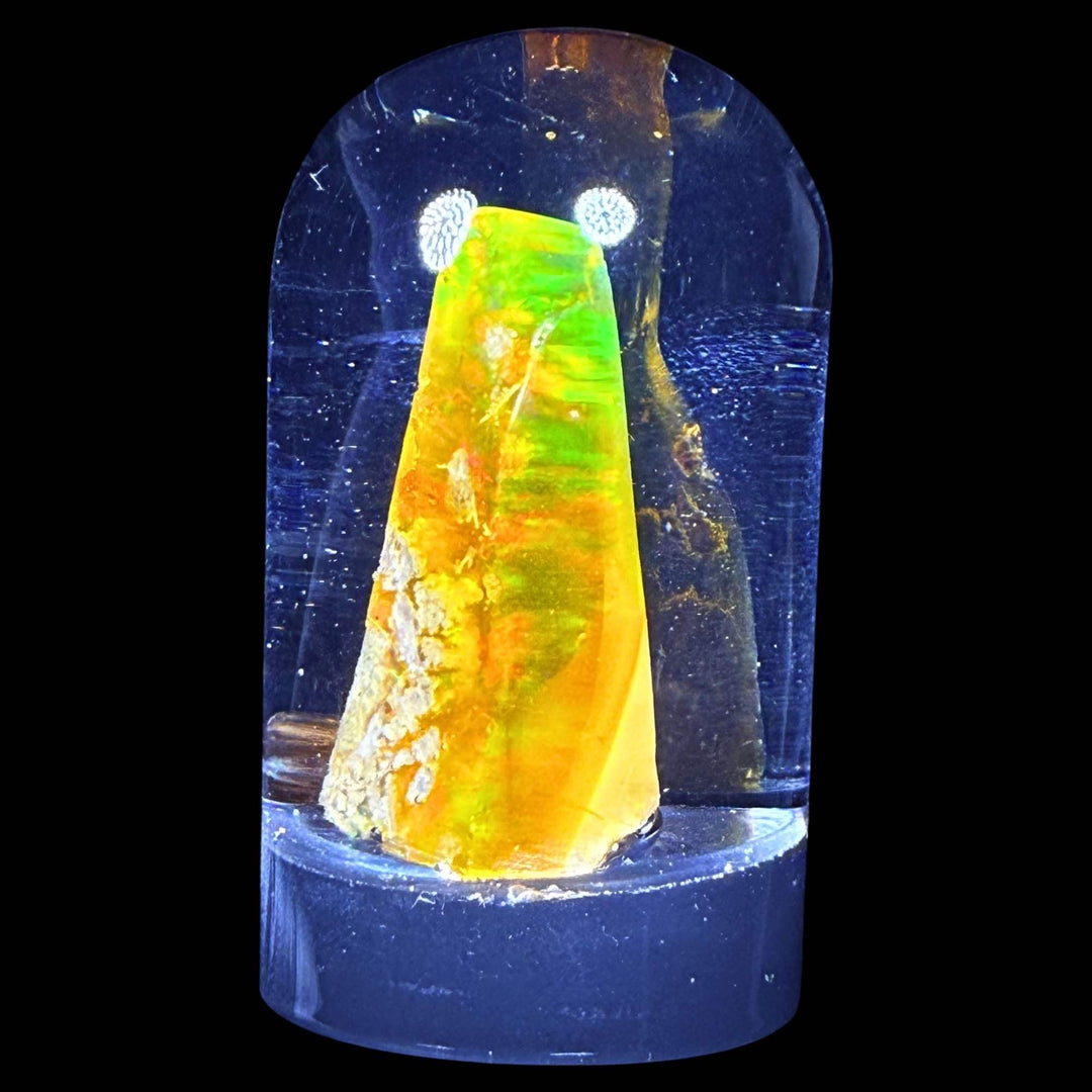 7.09 Gram Natural Ethiopian Welo Crystal Water Opal Specimen – Dominant Fiery Red, Neon Green & Golden Orange Fire – Freeform Honey Crystal Opal – Collector Display Grade
