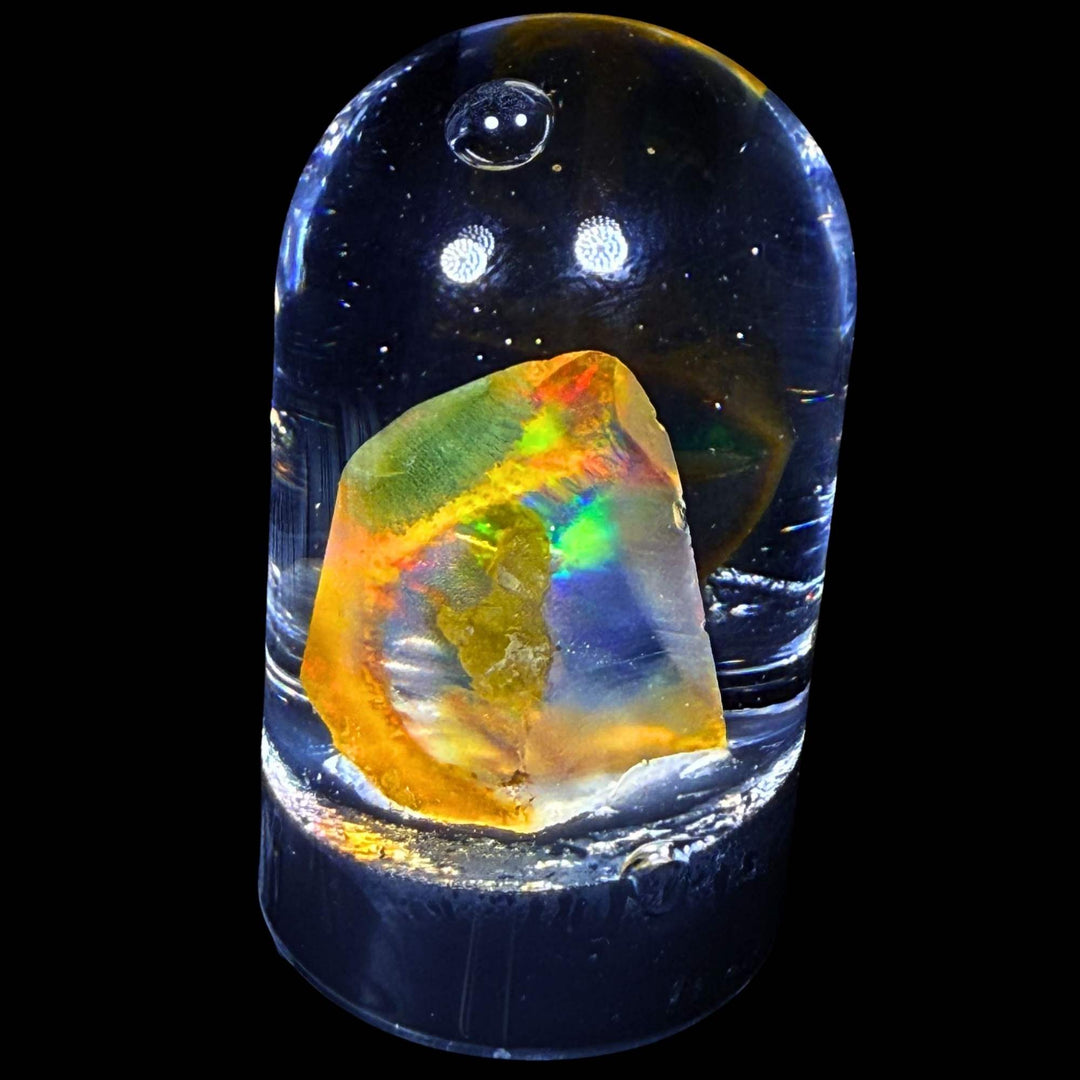 3.98 Gram Natural Ethiopian Welo Crystal Water Opal Specimen – Dominant Neon Green Fire, Fiery Rainbow Flash & Golden Orange Glow – Freeform Floating Crystal Opal – Collector Display Grade