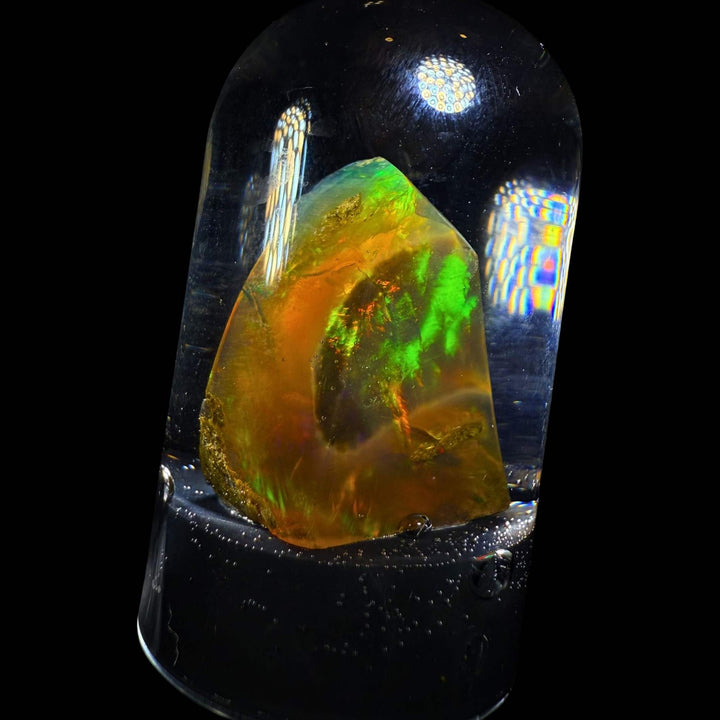 7.05 Gram Natural Ethiopian Welo Crystal Water Opal Specimen – Dominant Fiery Red Broadflash, Neon Green Crown Fire & Golden Honey Glow – Floating Crystal Display Opal – Collector Grade