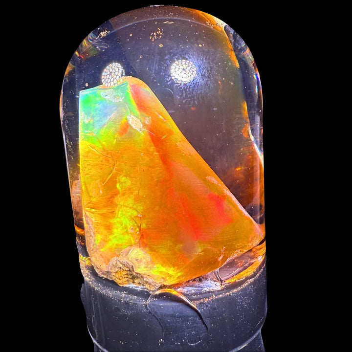11.05 Gram Natural Ethiopian Welo Crystal Water Opal Specimen – Dominant Fiery Red, Neon Green & Golden Broadflash Fire – Freeform Floating Crystal Opal – Collector Display Grade