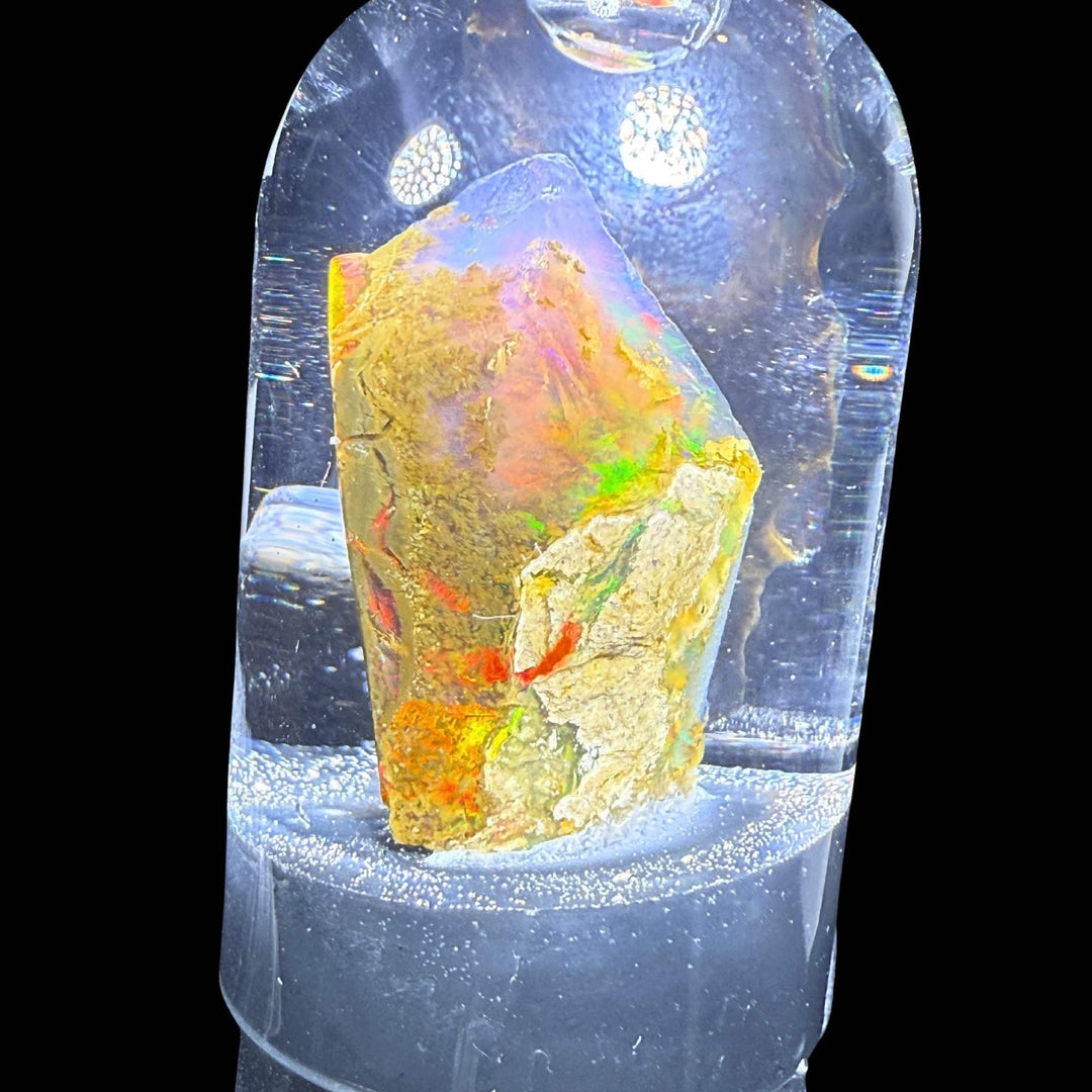 7.4 Gram Natural Ethiopian Welo Crystal Water Opal Specimen – Dominant Fiery Multicolor Flash, Neon Green & Golden Honey Fire – Freeform Floating Crystal Opal – Collector Display Grade