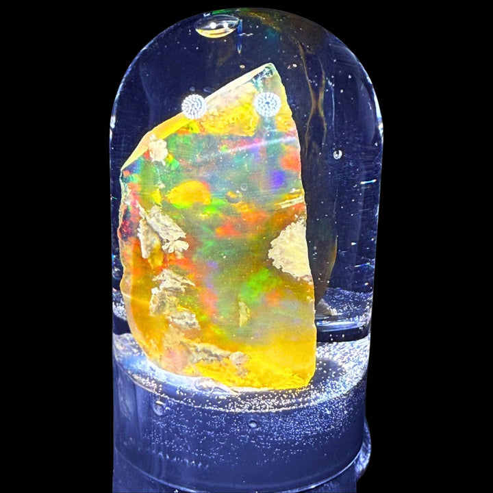 7.15 Gram Natural Ethiopian Welo Crystal Water Opal Specimen – Dominant Neon Green, Fiery Red & Golden Rainbow Fire – Freeform Floating Crystal Opal – Collector Display Grade