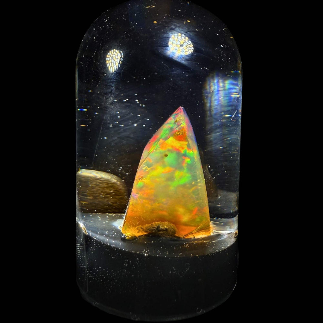 4.41 Gram Natural Ethiopian Welo Crystal Water Opal Specimen – Neon Green Ribbon Fire, Fiery Orange Glow & Pastel Crystal Flash – Freeform Floating Opal Display – Collector Grade