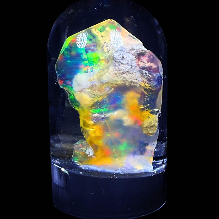 13.21 Gram Natural Ethiopian Welo Crystal Water Opal Specimen – Dominant Neon Green, Fiery Orange & Golden Broadflash Fire – Freeform Floating Crystal Opal – Collector Display Grade