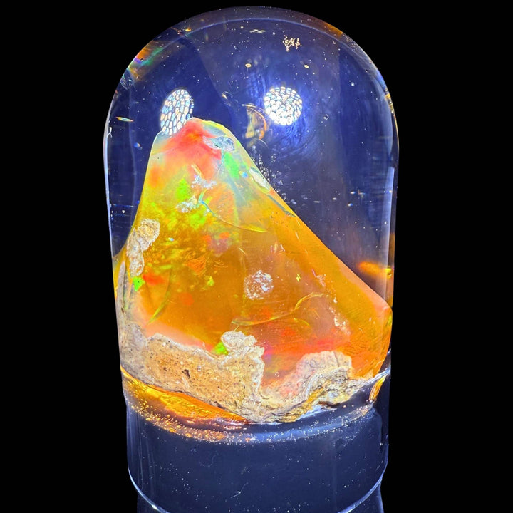 11.05 Gram Natural Ethiopian Welo Crystal Water Opal Specimen – Dominant Fiery Red, Neon Green & Golden Broadflash Fire – Freeform Floating Crystal Opal – Collector Display Grade