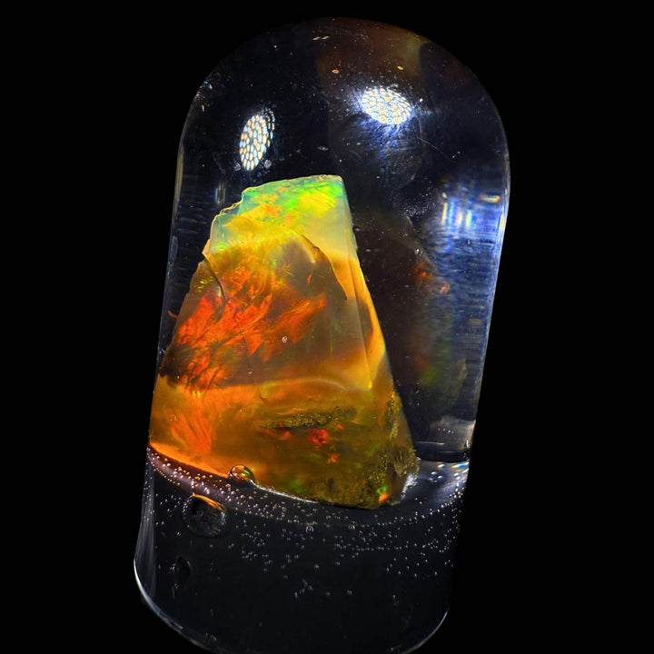 7.05 Gram Natural Ethiopian Welo Crystal Water Opal Specimen – Dominant Fiery Red Broadflash, Neon Green Crown Fire & Golden Honey Glow – Floating Crystal Display Opal – Collector Grade