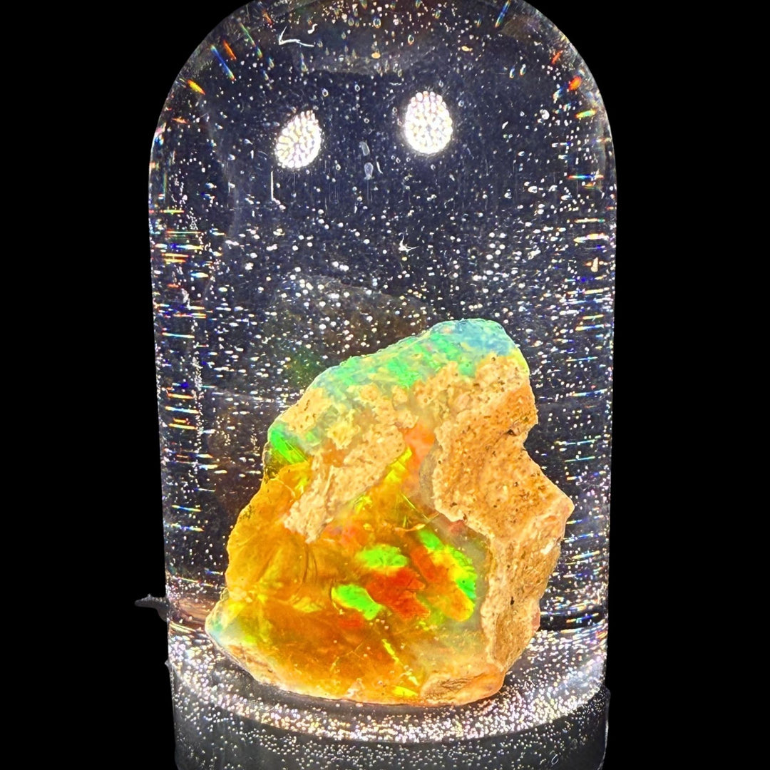 14.39 Gram Natural Ethiopian Welo Rough Opal Jar – Dominant Neon Green, Fiery Orange & Electric Blue Fire – Crystal Rough Opal Material – Collector & Lapidary Grade