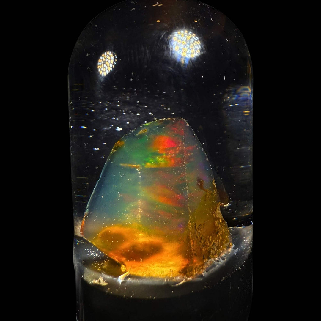 4.41 Gram Natural Ethiopian Welo Crystal Water Opal Specimen – Neon Green Ribbon Fire, Fiery Orange Glow & Pastel Crystal Flash – Freeform Floating Opal Display – Collector Grade
