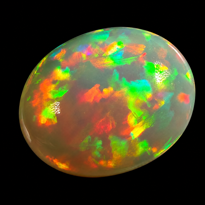 7.57ct AAA quality Natural Ethiopian Welo Opal – Oval Cabochon – Fiery Red, Neon Green & Electric Blue Fire – Rolling Broadflash Pattern – AAA Collector Grade