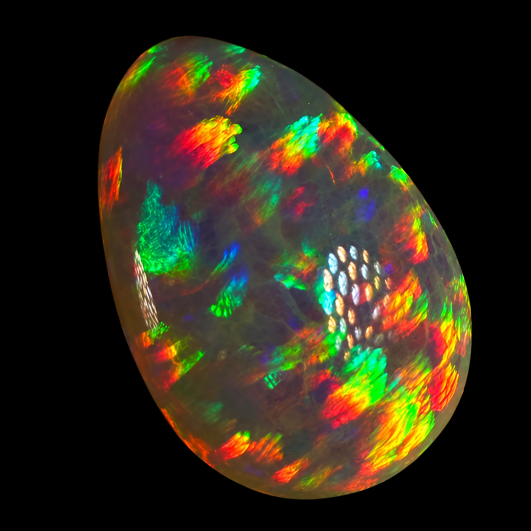11.95ct AAA quality Natural Ethiopian Welo Opal – Pear Cabochon – Deep Fiery Red, Neon Green & Electric Orange Fire – Honeycomb Confetti Pattern – AAA Collector Grade