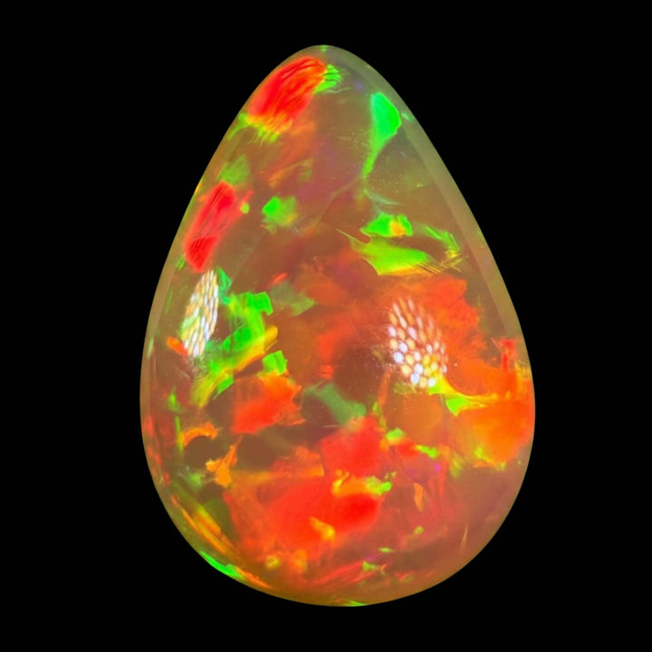 14.32ct AAA quality Natural Ethiopian Welo Opal – Pear Cabochon – Fiery Red, Neon Green & Golden Orange Fire – Broadflash Floral Pattern – AAA Collector Grade