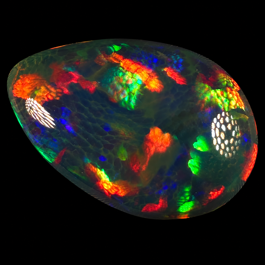 8.39ct AAA quality Natural Ethiopian Welo Opal – Pear Cabochon – Neon Green, Fiery Red & Electric Blue Fire – Broadflash Honeycomb Pattern – AAA Collector Grade