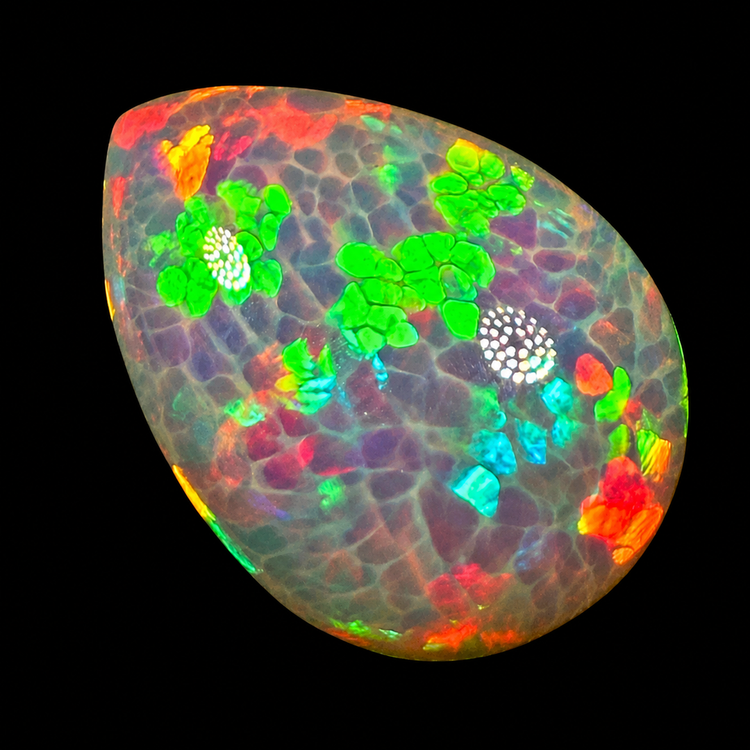 14.57ct AAA quality Natural Ethiopian Welo Opal – Pear Cabochon – Neon Green, Fiery Red & Electric Blue Fire – Honeycomb Cell Pattern – AAA Collector Grade