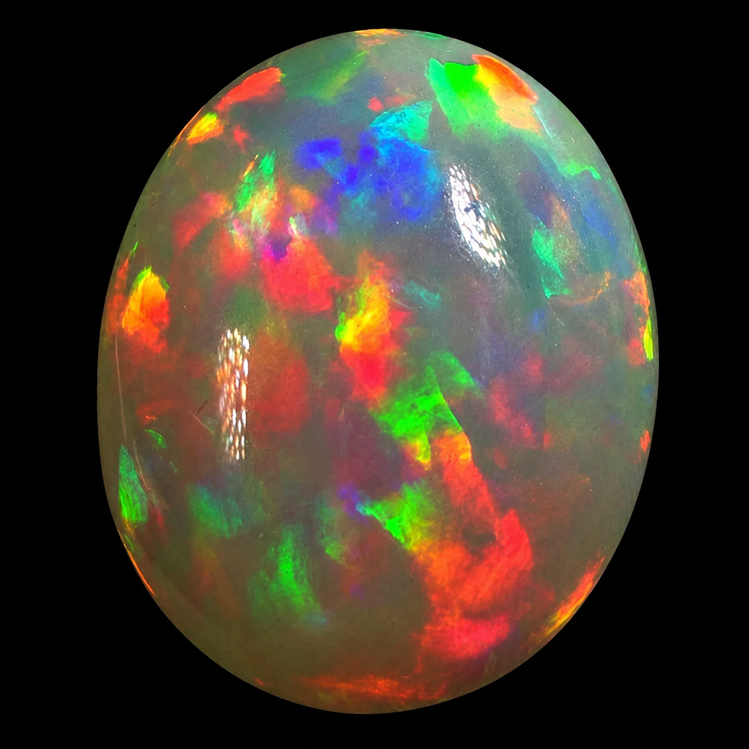 7.57ct AAA quality Natural Ethiopian Welo Opal – Oval Cabochon – Fiery Red, Neon Green & Electric Blue Fire – Rolling Broadflash Pattern – AAA Collector Grade