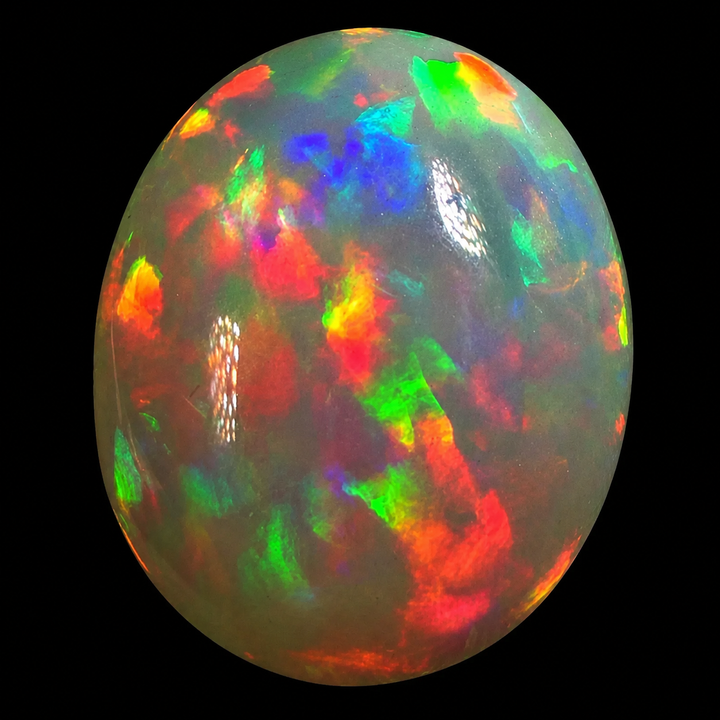 7.57ct AAA quality Natural Ethiopian Welo Opal – Oval Cabochon – Fiery Red, Neon Green & Electric Blue Fire – Rolling Broadflash Pattern – AAA Collector Grade