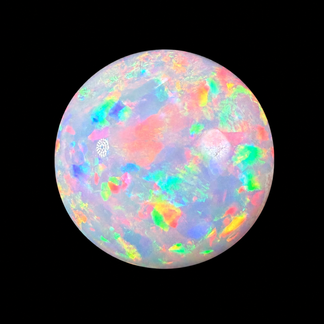 14.13ct AAA Quality Natural Ethiopian Welo Opal – Round Cabochon – Intense Fiery Red, Neon Green & Electric Blue Fire – Floral Mosaic Pattern – AAA Collector Grade