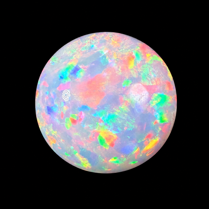 14.13ct AAA Quality Natural Ethiopian Welo Opal – Round Cabochon – Intense Fiery Red, Neon Green & Electric Blue Fire – Floral Mosaic Pattern – AAA Collector Grade
