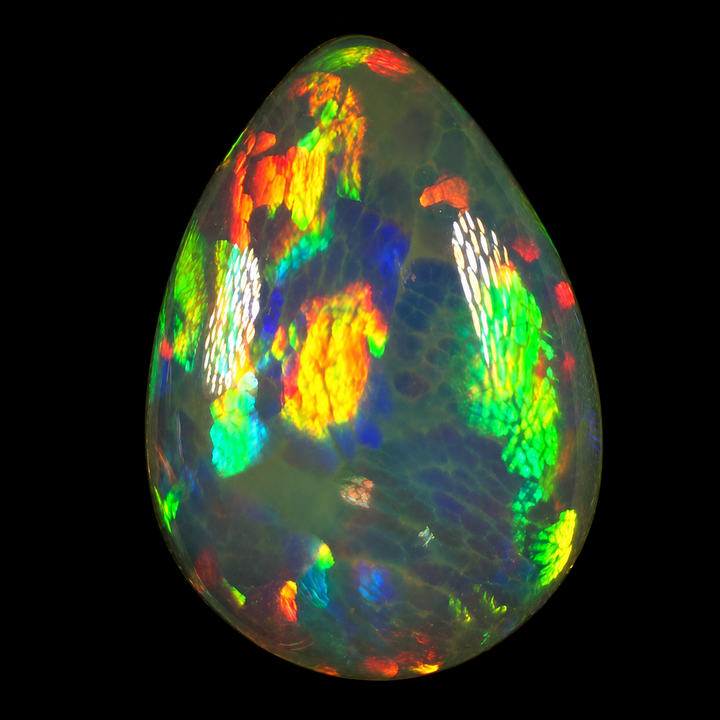 8.39ct AAA quality Natural Ethiopian Welo Opal – Pear Cabochon – Neon Green, Fiery Red & Electric Blue Fire – Broadflash Honeycomb Pattern – AAA Collector Grade