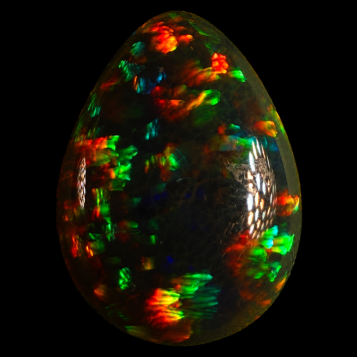 5.3ct AAA quality Natural Ethiopian Welo Opal – Pear Cabochon – Intense Fiery Red, Neon Green & Electric Blue Fire – Honeycomb Mosaic Pattern – AAA Collector Grade