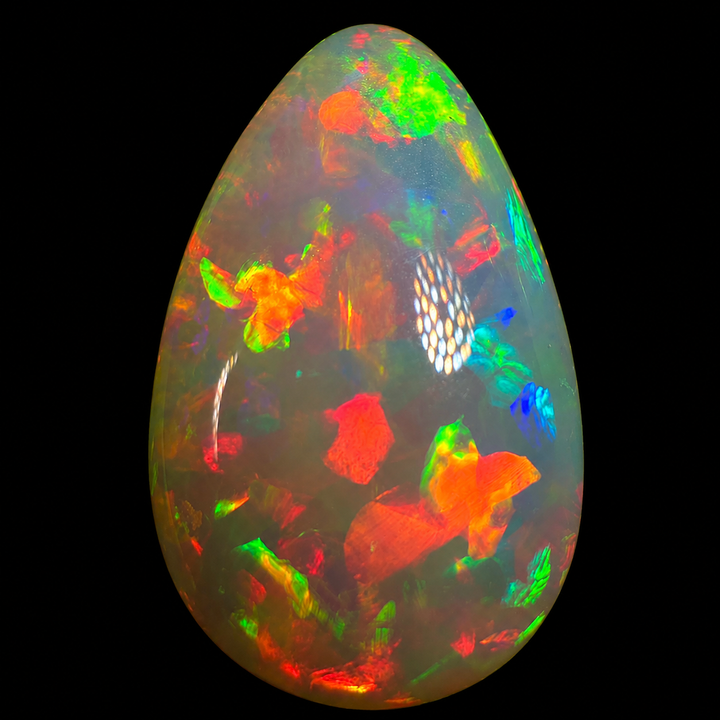 12.37ct AAA quality Natural Ethiopian Welo Opal – Pear Cabochon – Fiery Red, Neon Green & Electric Blue Fire – Mosaic Broadflash Pattern – AAA Collector Grade