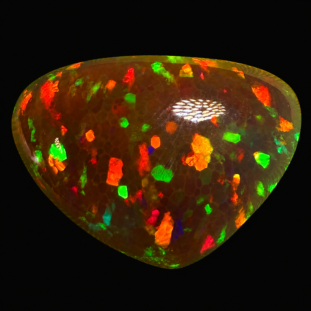 9.99ct AAA quality Natural Ethiopian Welo Opal – Freeform Cabochon – Deep Cherry Red, Neon Green & Fiery Orange Fire – Dark Honeycomb Flash Pattern – AAA Collector Grade