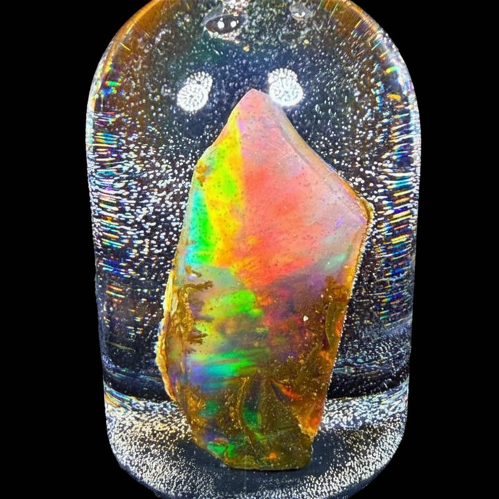 14.66 Gram Natural Ethiopian Welo Water Opal Specimen – Dominant Neon Green, Fiery Red & Golden Honey Fire – Crystal Cut Water Opal – Collector Display Grade