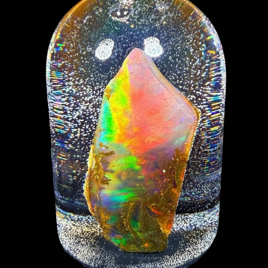 14.66 Gram Natural Ethiopian Welo Water Opal Specimen – Dominant Neon Green, Fiery Red & Golden Honey Fire – Crystal Cut Water Opal – Collector Display Grade