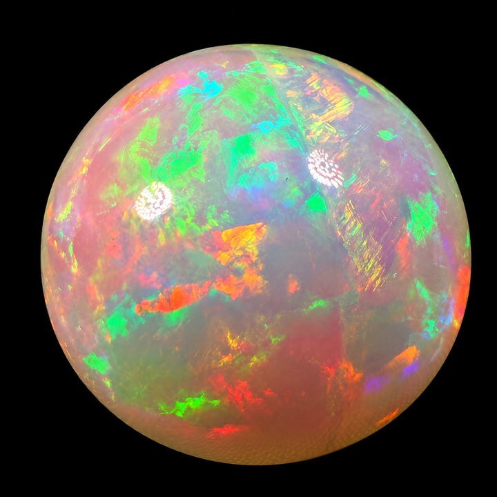 22.8 Ct AAA Quality Natural Ethiopian Welo Opal Sphere / Marble – Dominant Neon Green, Cherry Red & Fiery Orange Fire – Broadflash Rolling Fire Pattern – AAA Collector Grade