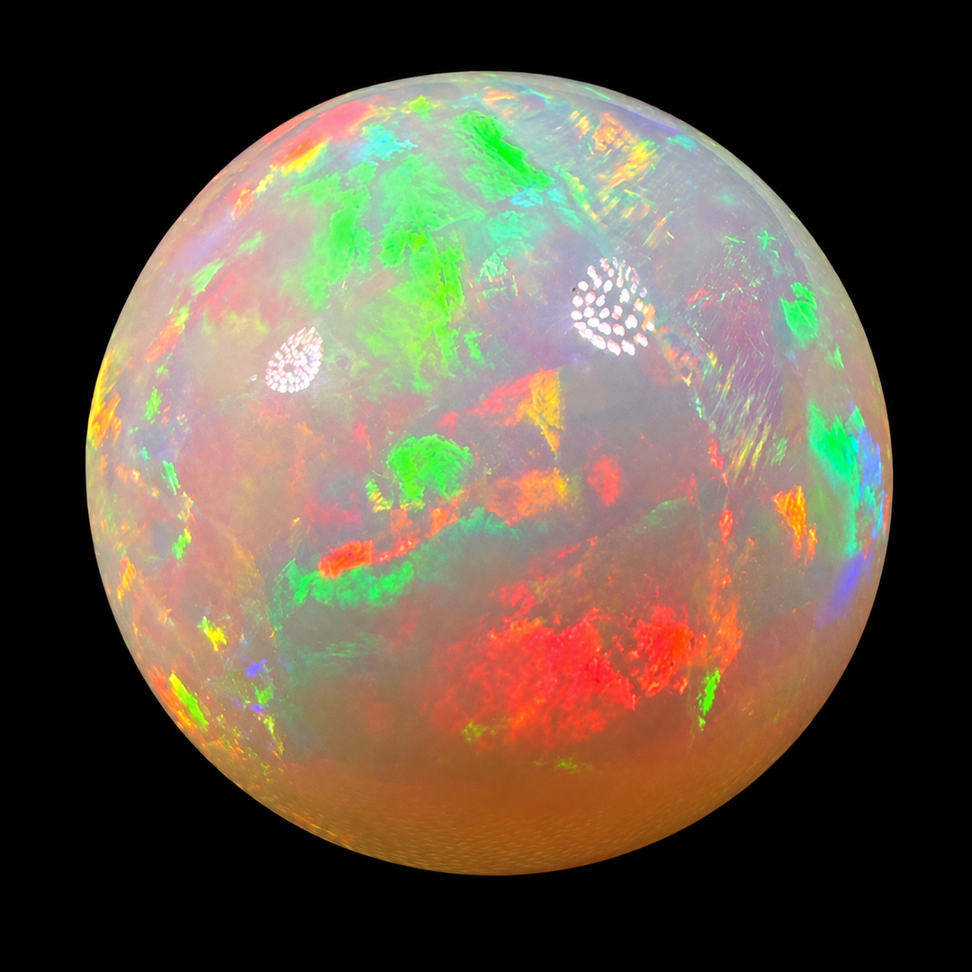 22.8 Ct AAA Quality Natural Ethiopian Welo Opal Sphere / Marble – Dominant Neon Green, Cherry Red & Fiery Orange Fire – Broadflash Rolling Fire Pattern – AAA Collector Grade
