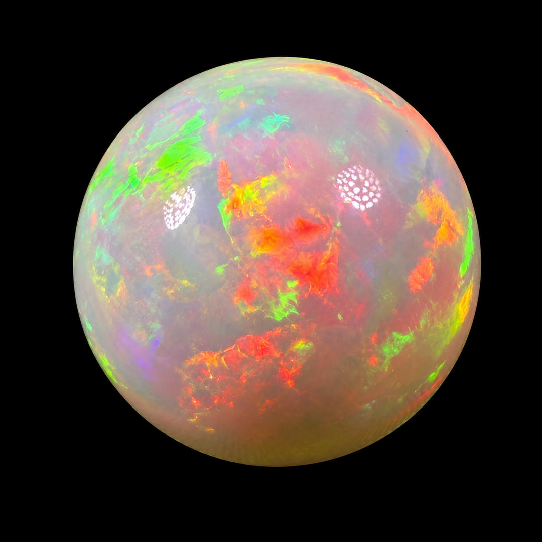22.8 Ct AAA Quality Natural Ethiopian Welo Opal Sphere / Marble – Dominant Neon Green, Cherry Red & Fiery Orange Fire – Broadflash Rolling Fire Pattern – AAA Collector Grade