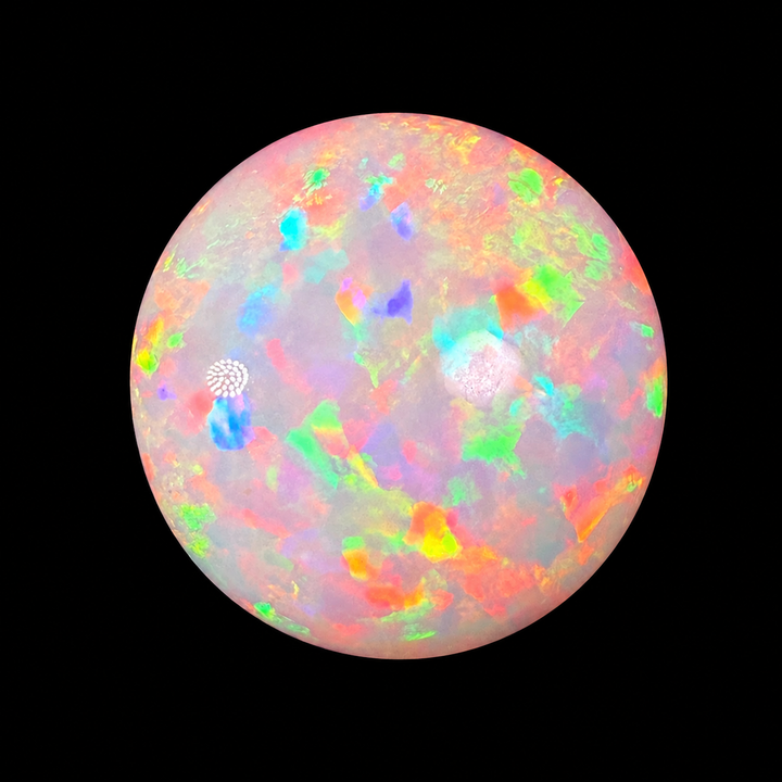 14.13ct AAA Quality Natural Ethiopian Welo Opal – Round Cabochon – Intense Fiery Red, Neon Green & Electric Blue Fire – Floral Mosaic Pattern – AAA Collector Grade
