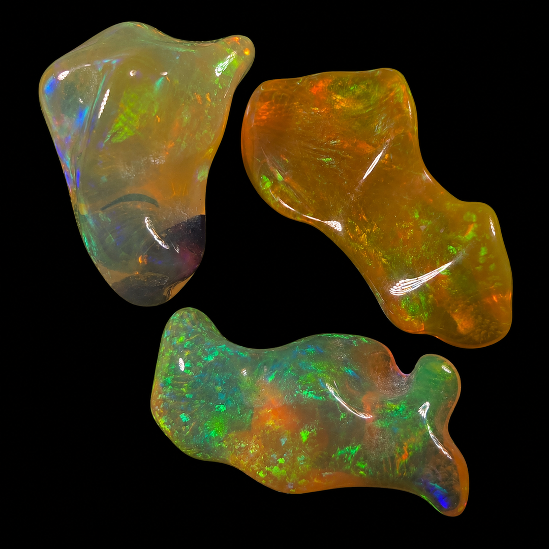 20.31 Ct AAA Quality Natural Ethiopian Welo Opal Nuggets – Neon Green, Golden Orange & Electric Blue Fire – Rolling Flash Moss Pattern – AAA Collector Grade