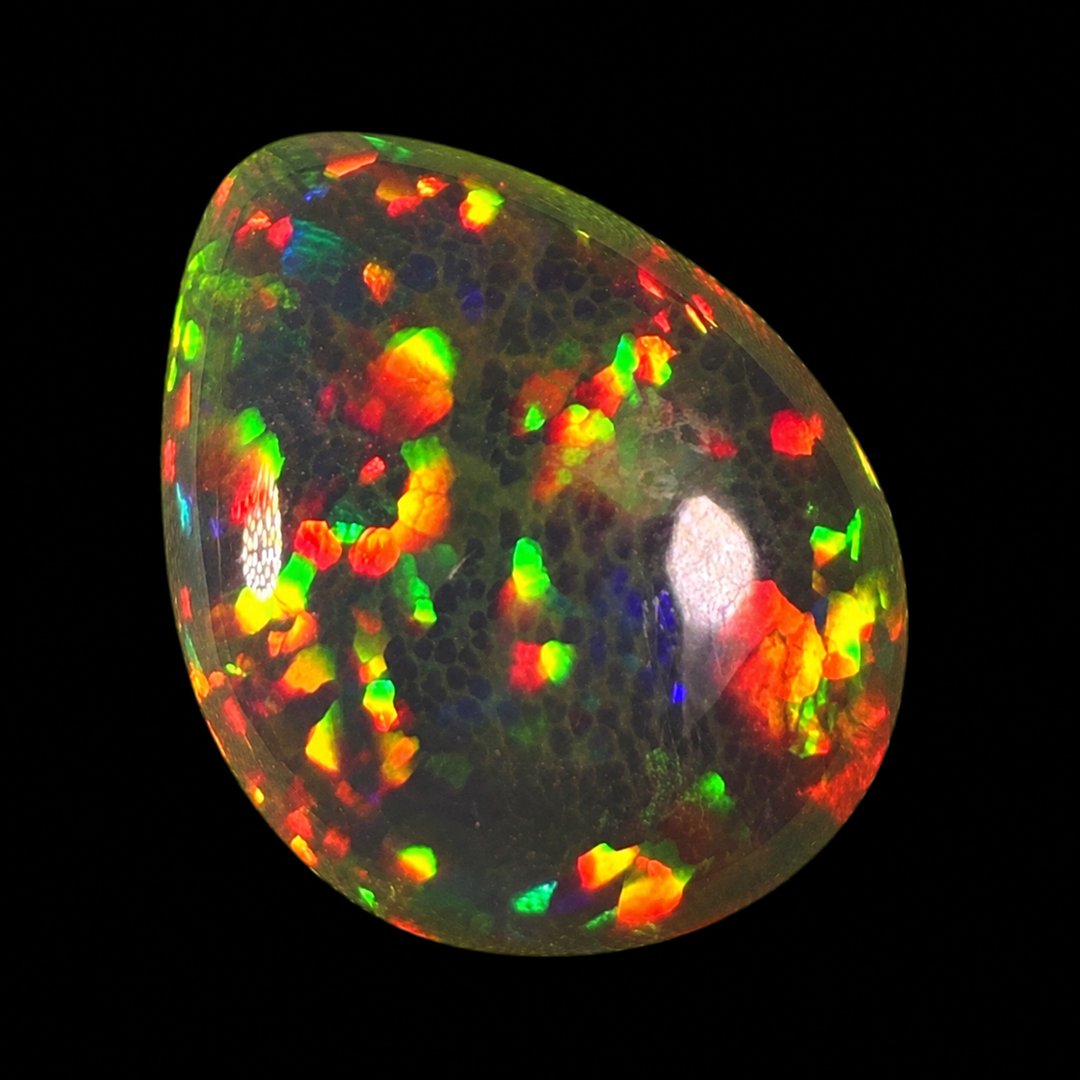 5.3ct AAA quality Natural Ethiopian Welo Opal – Pear Cabochon – Intense Fiery Red, Neon Green & Electric Blue Fire – Honeycomb Mosaic Pattern – AAA Collector Grade