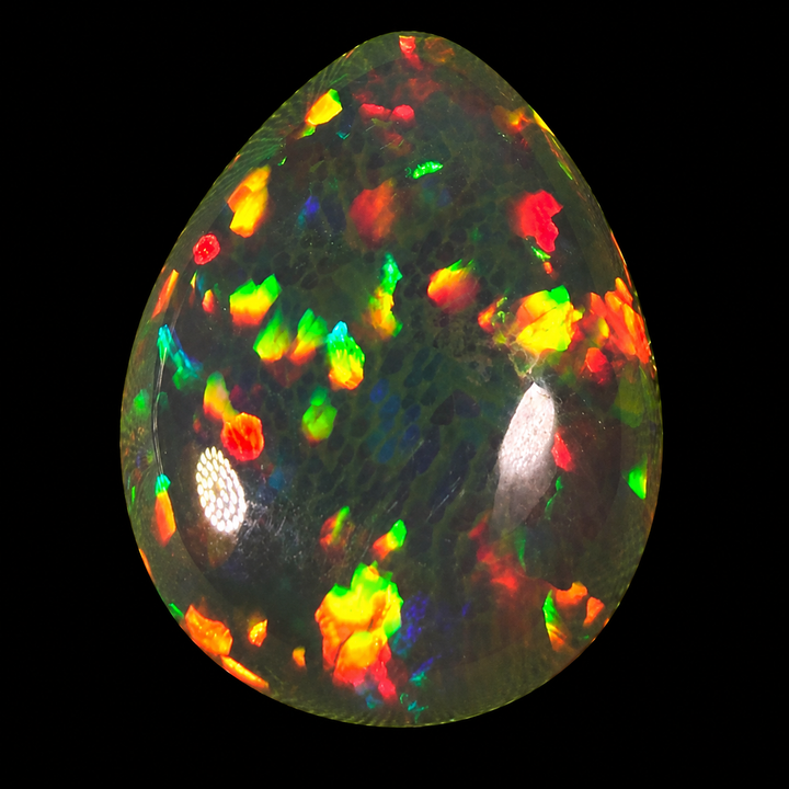 5.3ct AAA quality Natural Ethiopian Welo Opal – Pear Cabochon – Intense Fiery Red, Neon Green & Electric Blue Fire – Honeycomb Mosaic Pattern – AAA Collector Grade