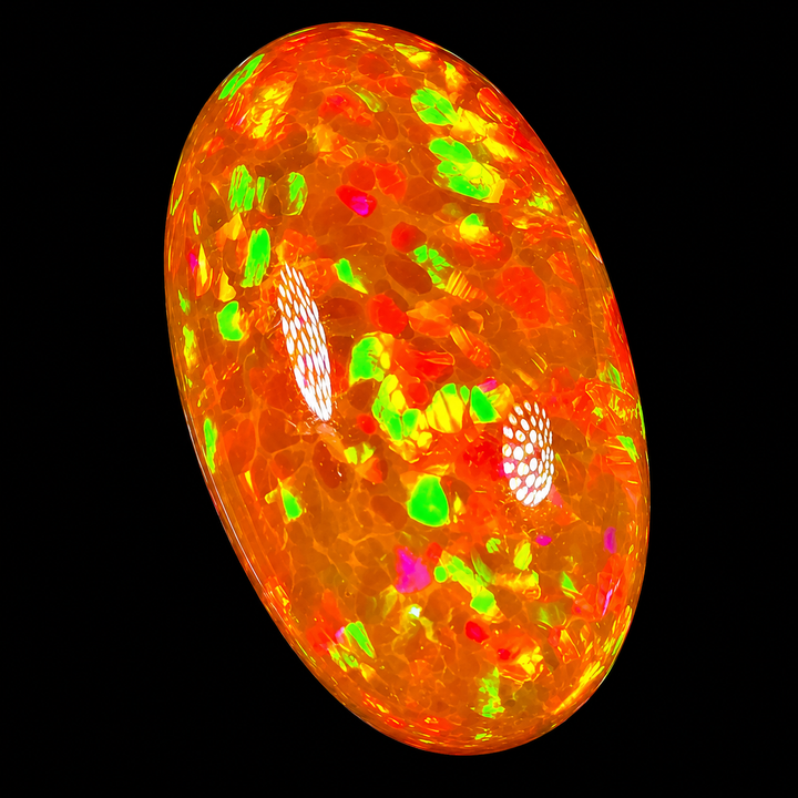 12.31ct AAA quality Natural Ethiopian Welo Opal – Oval Cabochon – Neon Green, Fiery Orange & Cherry Red Fire – Honeycomb Confetti Pattern – AAA Collector Grade