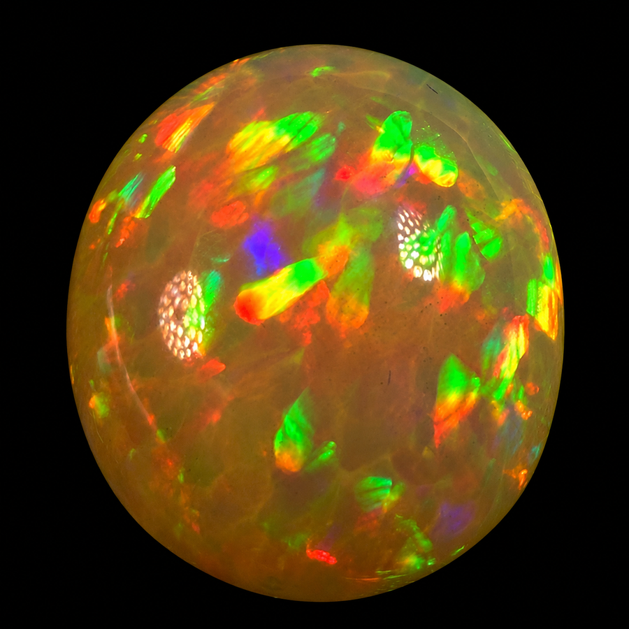 11.17ct AAA quality Natural Ethiopian Welo Opal – Oval Cabochon – Neon Green, Fiery Orange & Electric Red Fire – Broadflash Honeycomb Pattern – AAA Collector Grade
